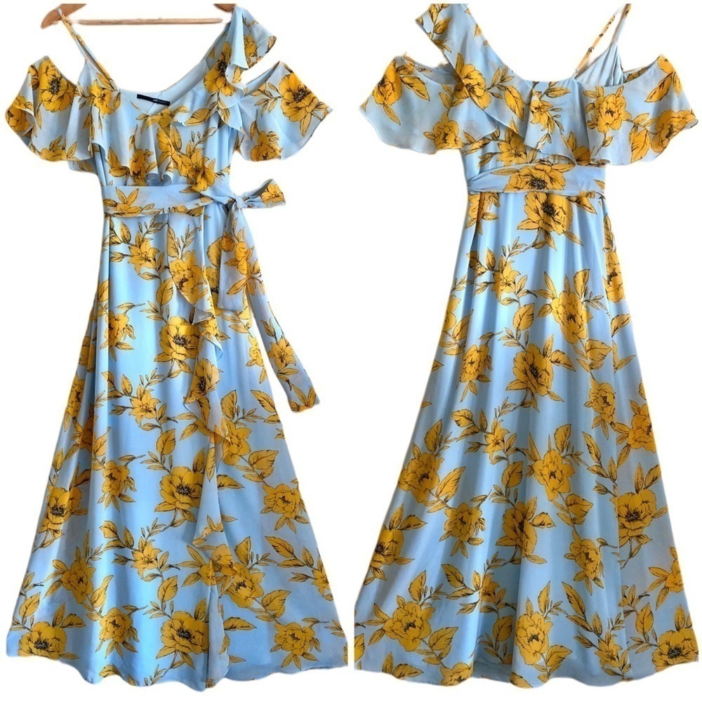 JAYGODFREY Ruffled Flowy Romantic Wrap Style Floral Maxi Dress Size S/M